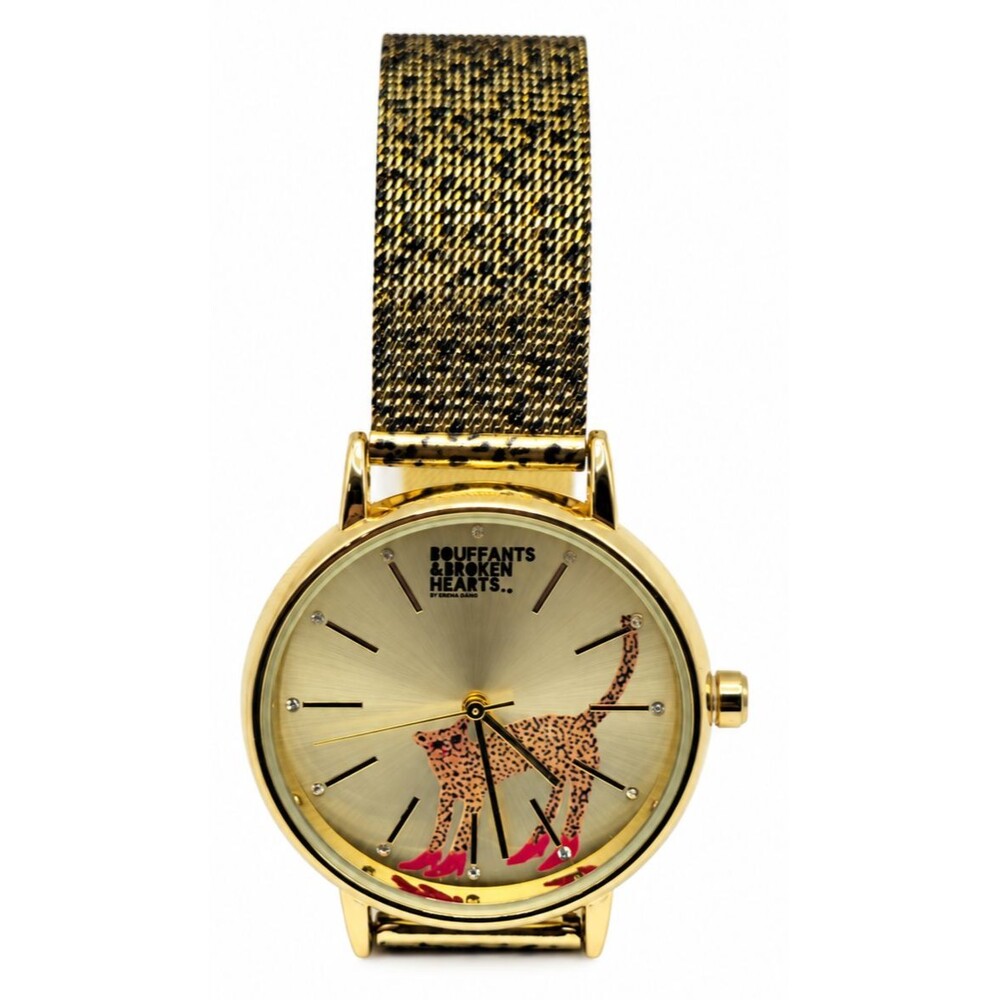 Bouffants Broken Hearts KDB104YG Womens 36mm Gold Mesh Leopard Dial Quartz Watch